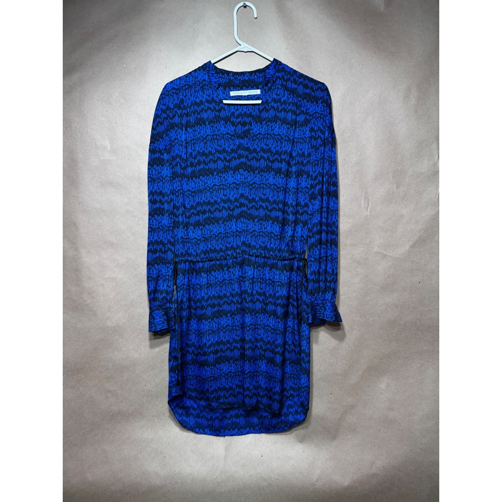 Veronica Beard Silk Blue Black Abstract Print Long Sleeve Tie Waist Dress‎